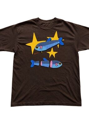 Dark Chocolate Tee with Blue Fish & Yellow Stars Graphic